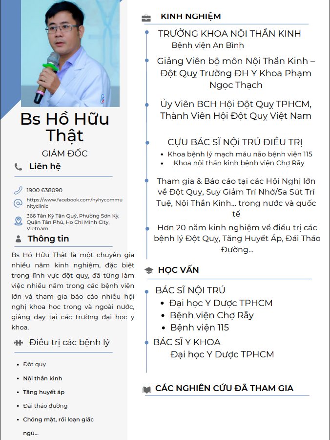 BÁC SĨ HỒ HỮU THẬT CHUYÊN KHOA TAI BIẾN ĐỘT QUỴ TPHCM